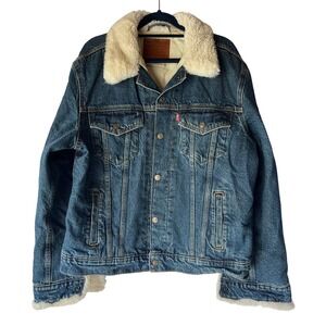 Levi's Womens Faux Fur Collar Ex-Boyfriend Trucker Jacket Oversized Blue Large